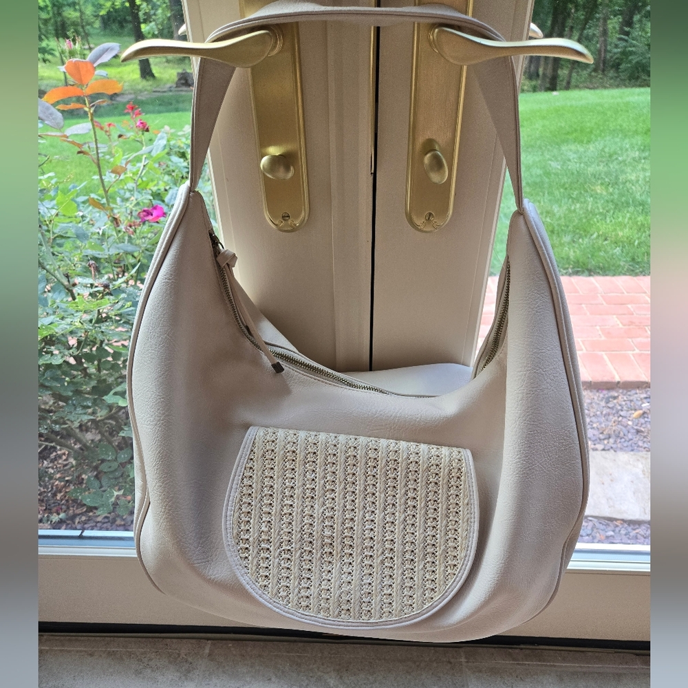 Anthropologie Lrg Shoulder Bag Woven Straw Pocket Vegan Leather Cream Slouchy